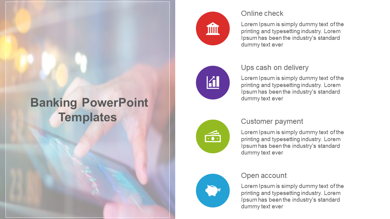 Financial slide featuring red, purple, green, and blue icons, aligned vertically beside a blurred digital interaction scene.