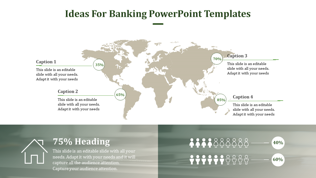 Banking templates with a world map, percentage markers, and a bottom section including a house icon and audience graphics.