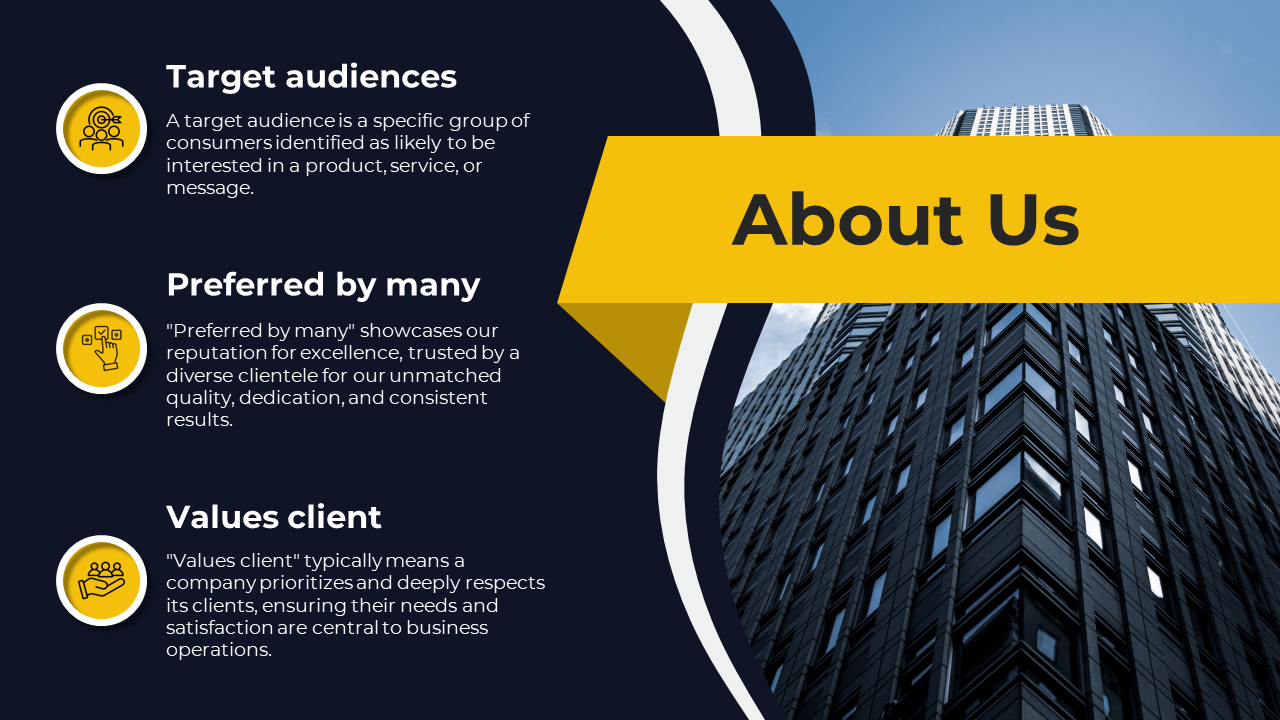 Infographic with a yellow about us banner, a tall building , and three icons with placeholder text area on the left.