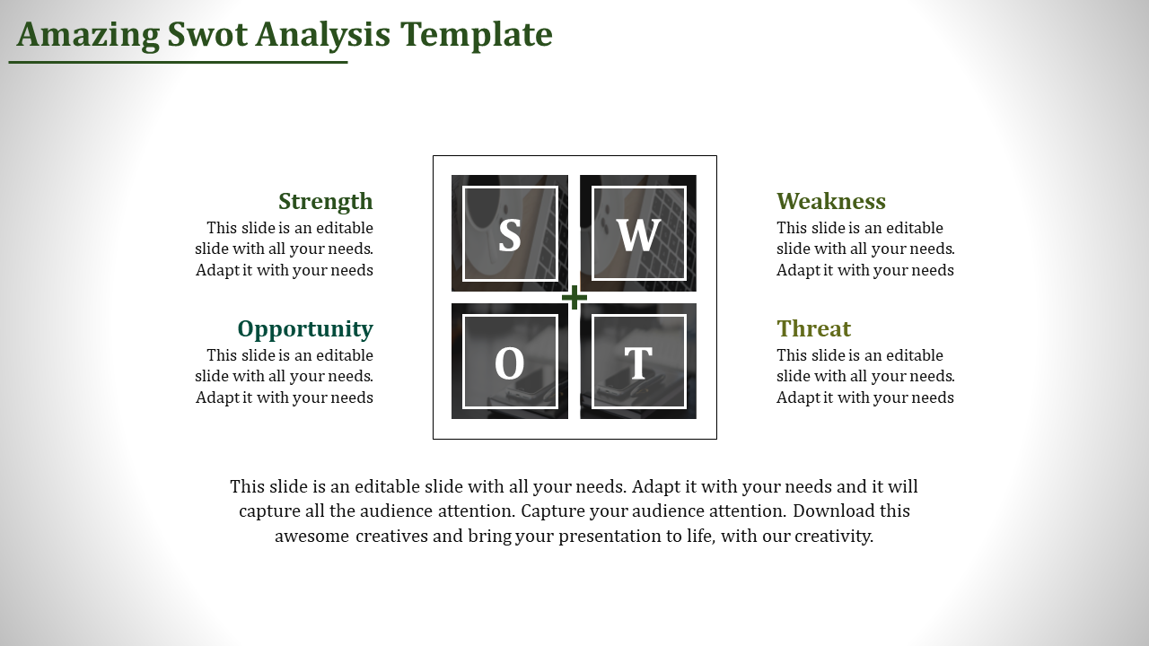 Slide with a central grid of black squares labeled S, W, O, T, surrounded by descriptive text on a white background.