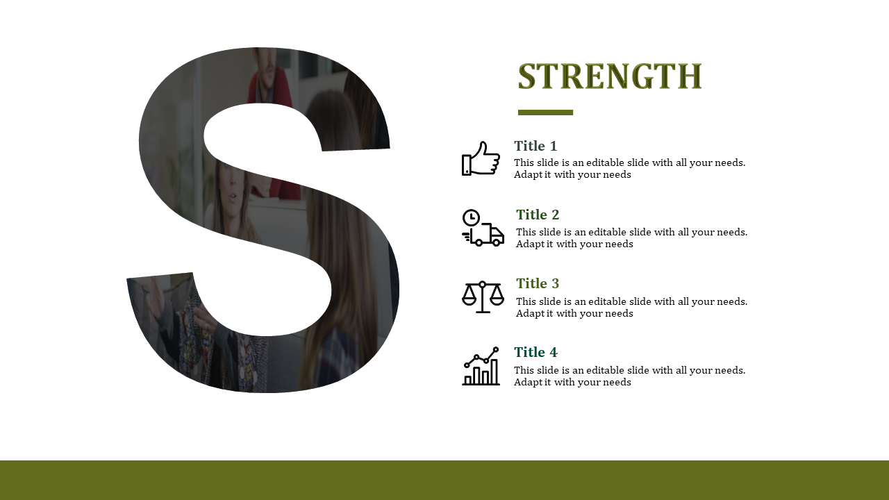 SWOT slide focused on strength, featuring a large transparent S with a background image and four captions with icons.