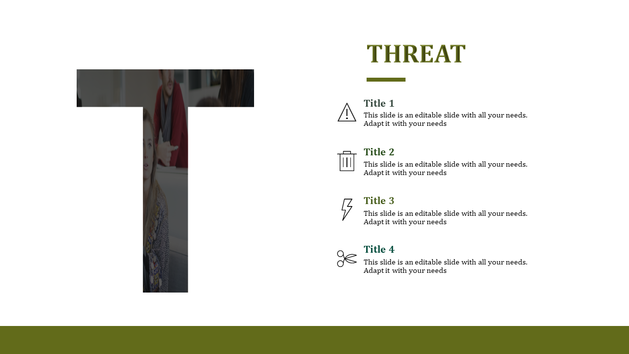 SWOT slide with the title THREAT and four sections featuring warning, trash, lightning, and scissors with icons.