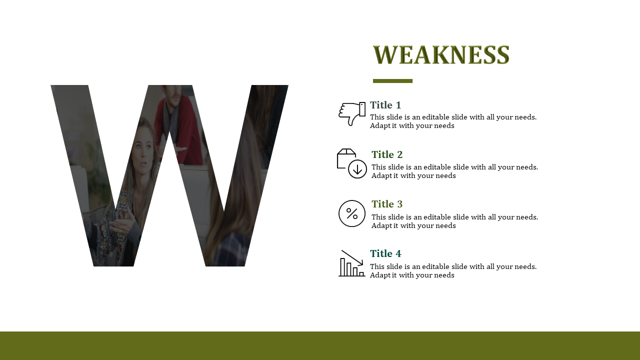 Business weakness slide with a large w photo of swot  overlay and four icons for different topics, with caption areas.