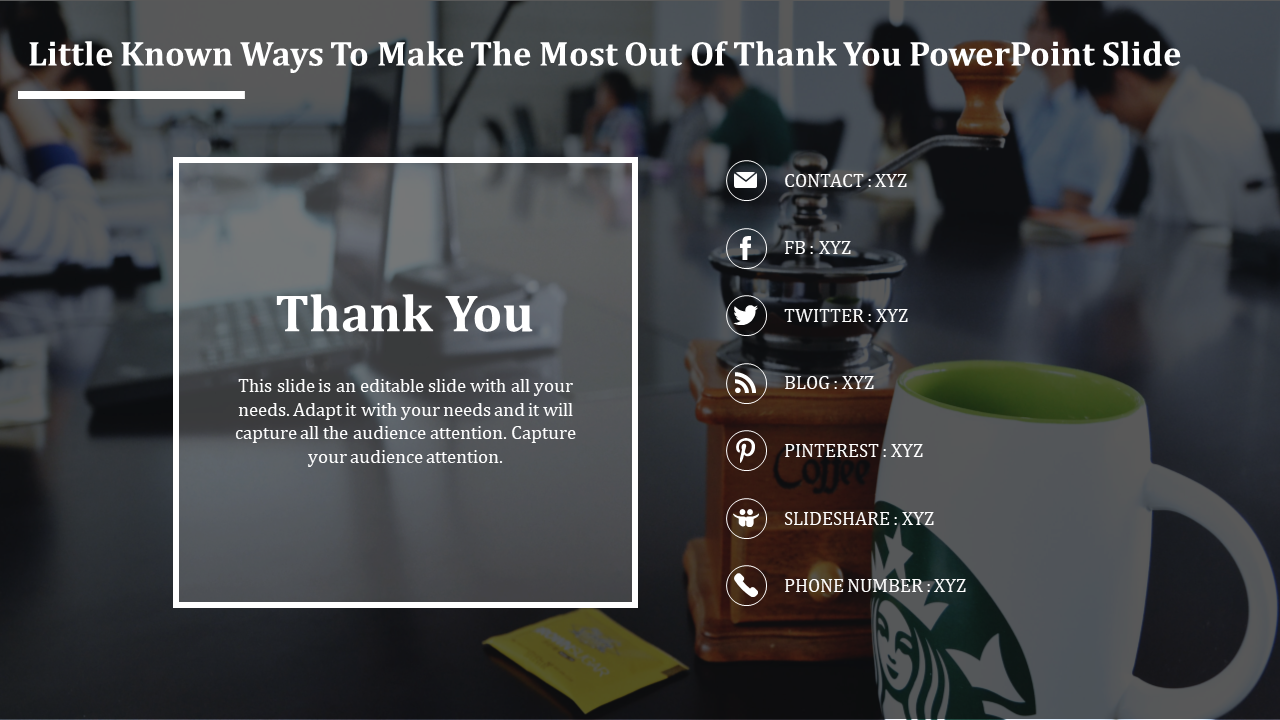 Thank you slide with a dark blurred background featuring a central text box, and social media contact icons on the right.