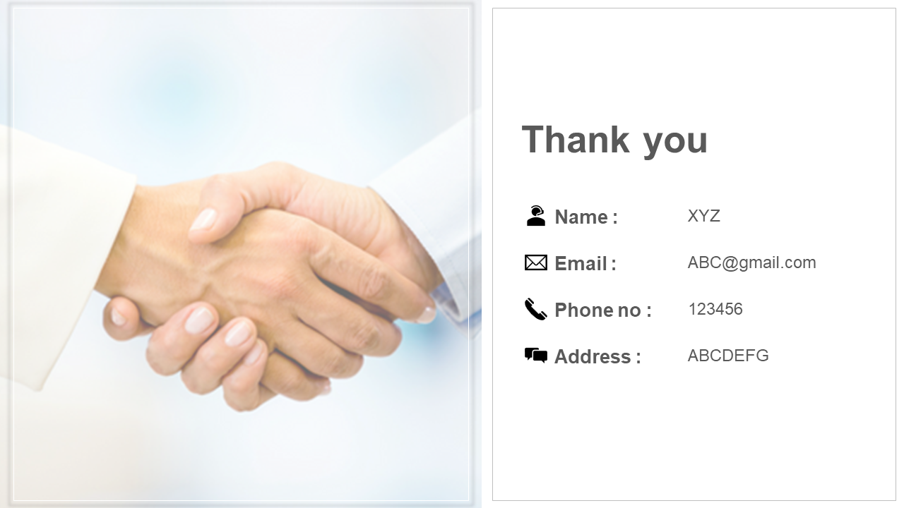 A handshake image on the left, with a thank you message and contact details neatly listed on the right.