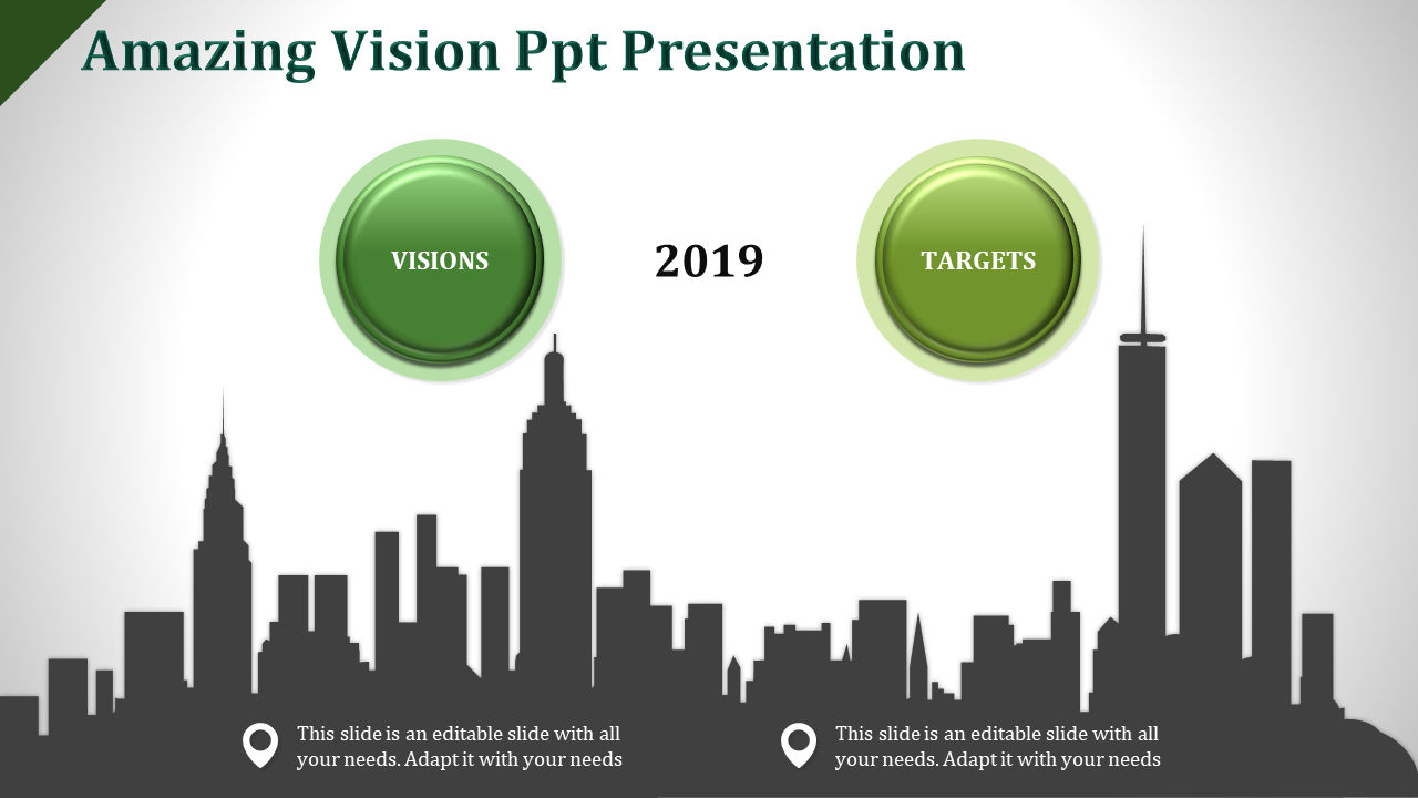 Dark theme PowerPoint slide featuring Visions and Targets buttons with a skyline background for 2019 with placeholder text.