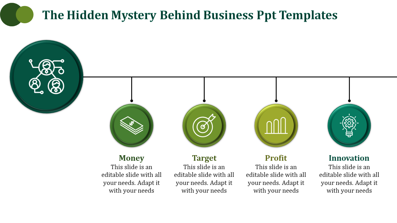 Business PowerPoint template featuring green icons for money, target, profit, and innovation connected in a circular layout.