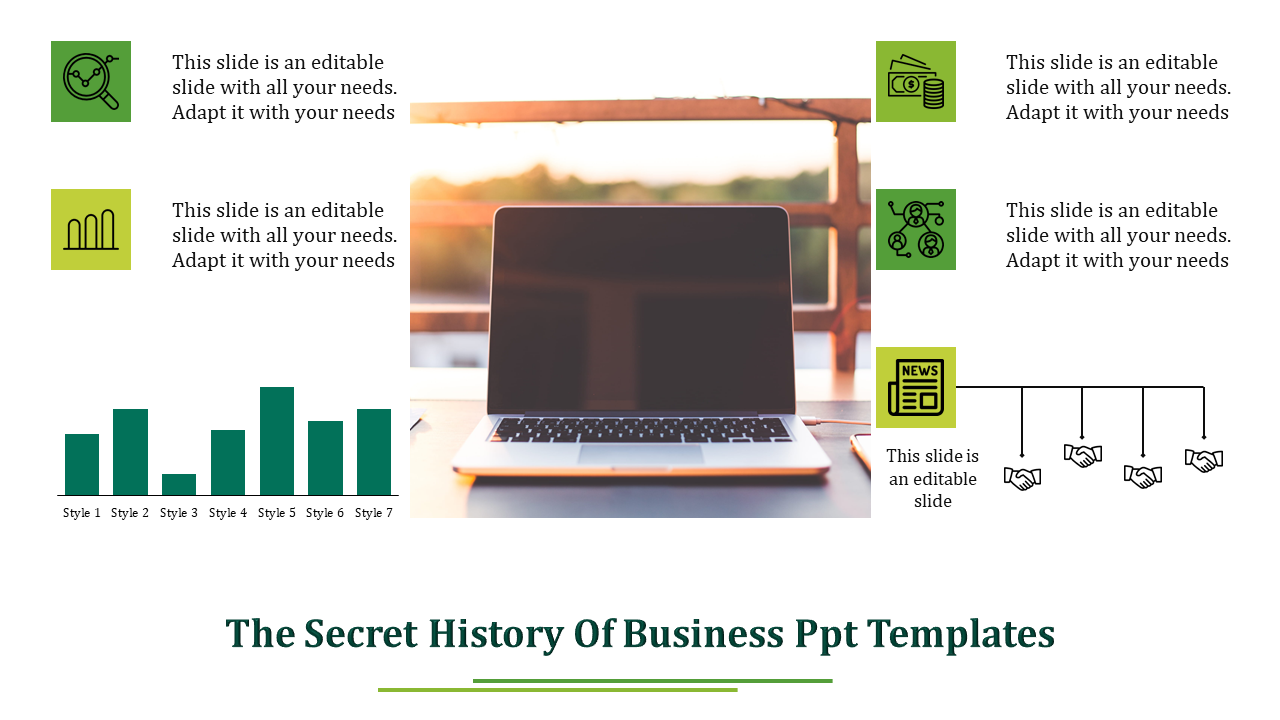 Business PPT slide with a laptop image and multiple icons representing different business concepts with placeholder text.