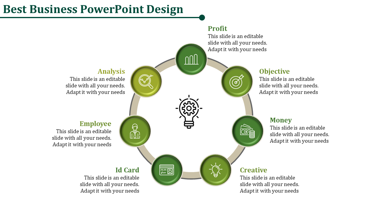 A business PowerPoint design slide with circular icons from analysis to profit with placeholder text.