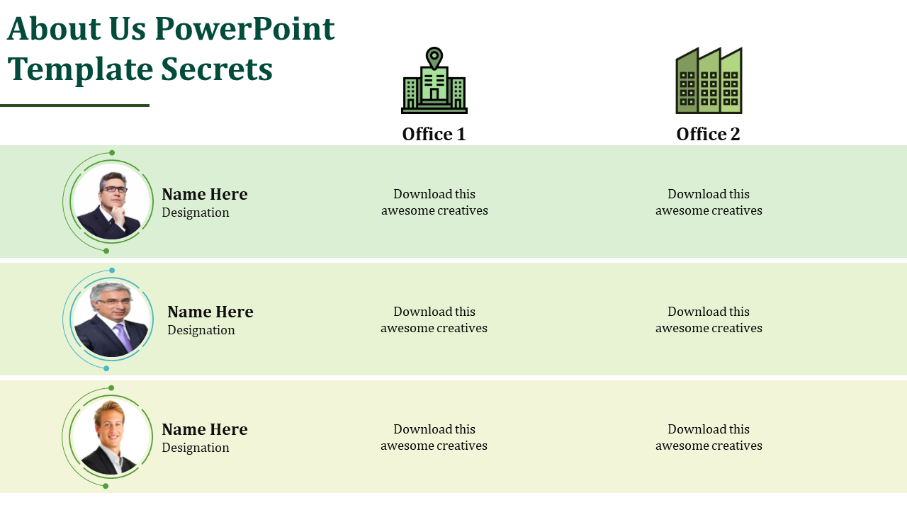 About us slide with two office icons at the top, three employee images with placeholders for names, designations, and text.