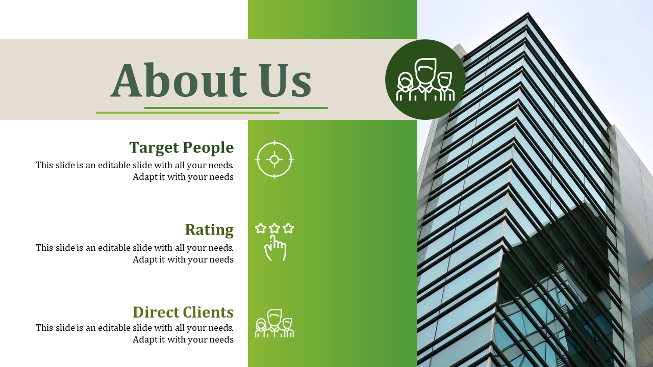 About us slide featuring a green column with text and icons next to a modern glass building photo.