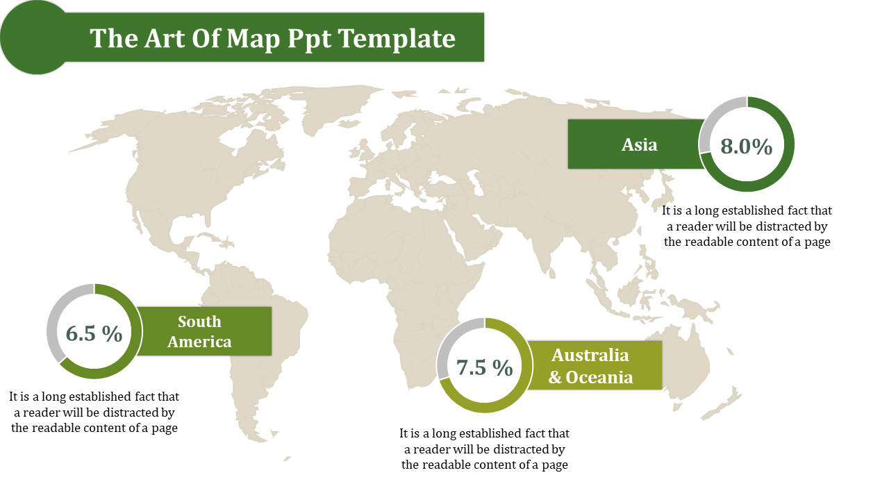 Beige world map displaying percentage data for three regions Asia, South America, Australia and Oceania.