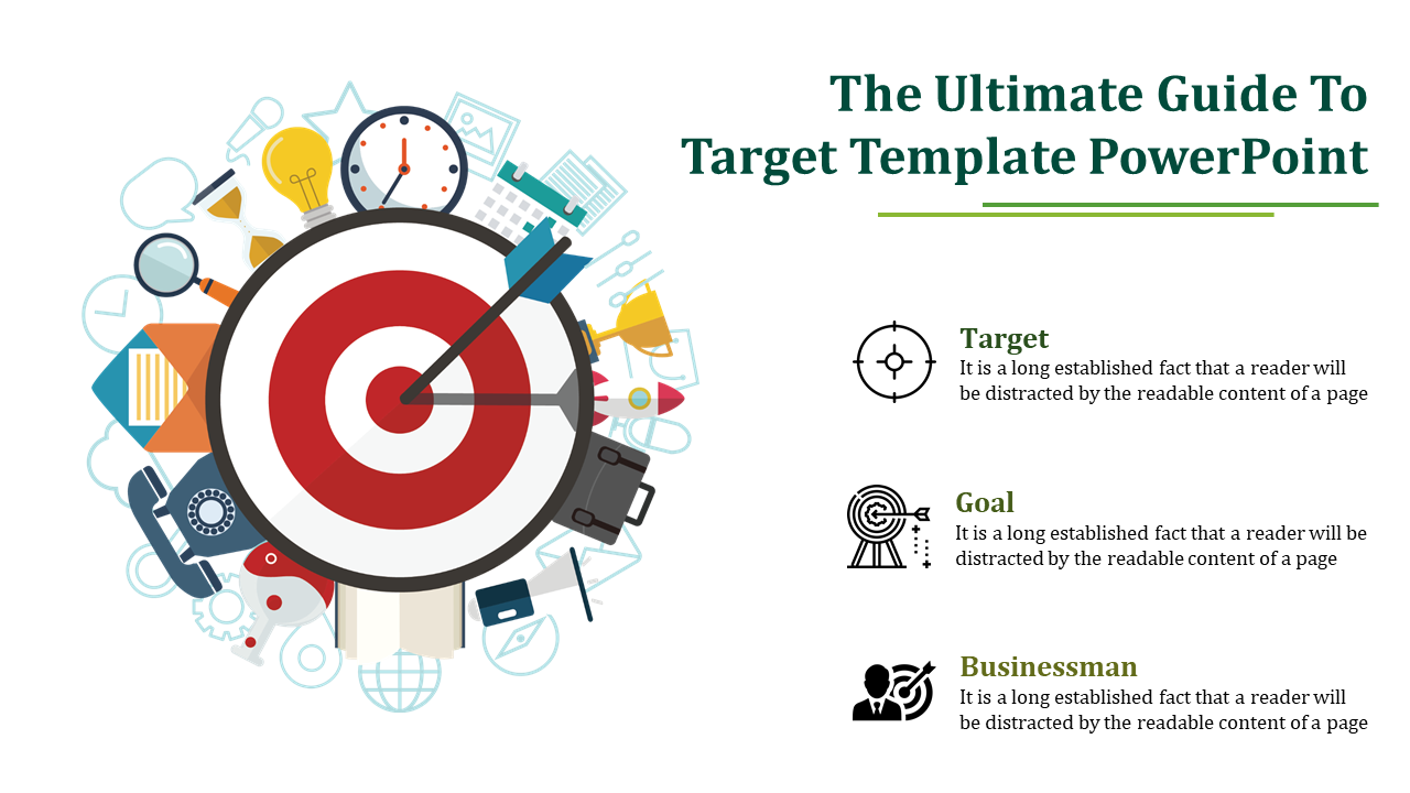 Business themed slide showing a large dartboard with two arrows and icons for tools, communication, and time management.