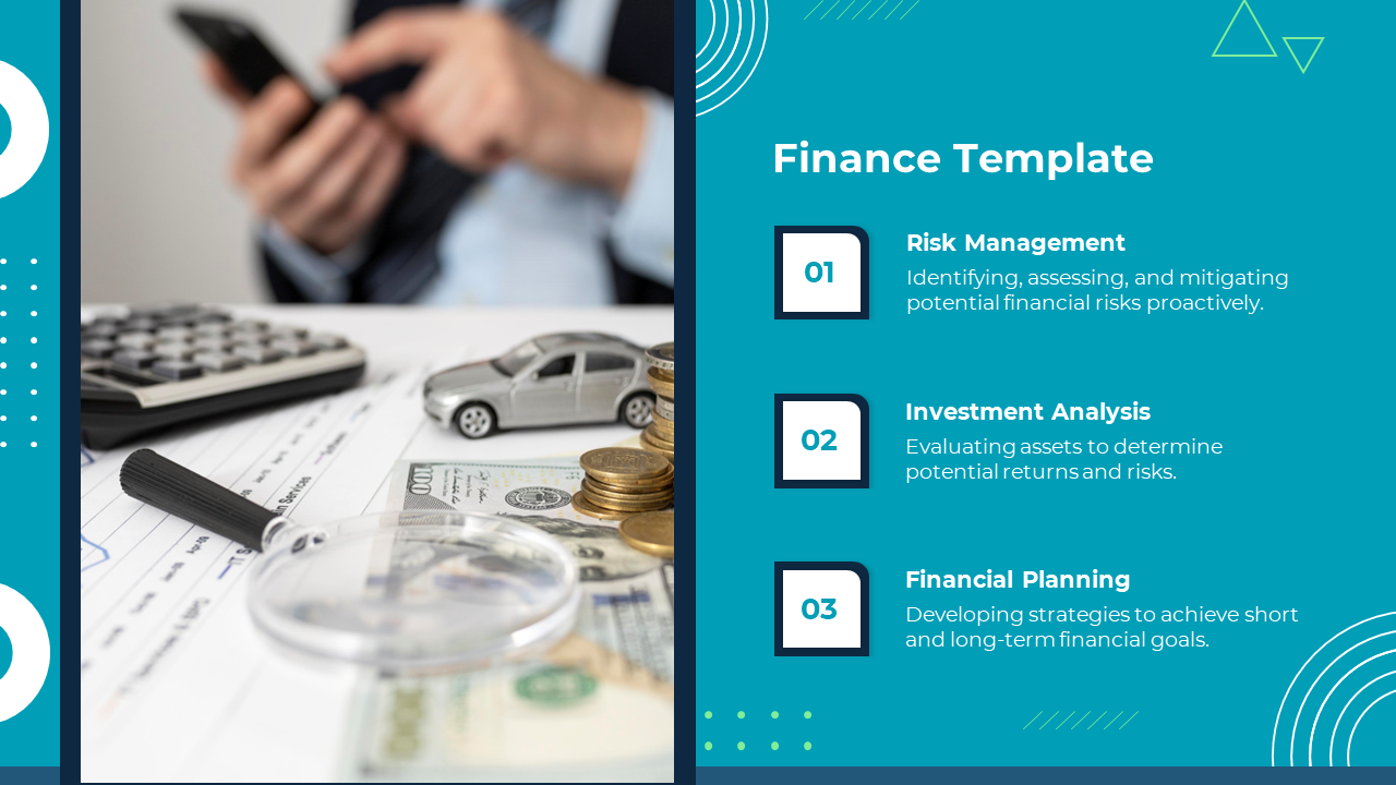  A financial workspace with a calculator, model car, and coins on the left, alongside a list of finance-related strategies. 