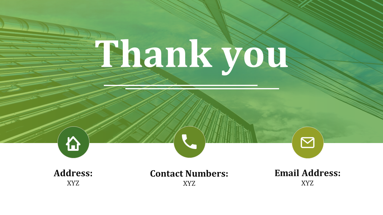 Professional thank you slide with green-themed design, showing a glass building backdrop and contact details with text area.