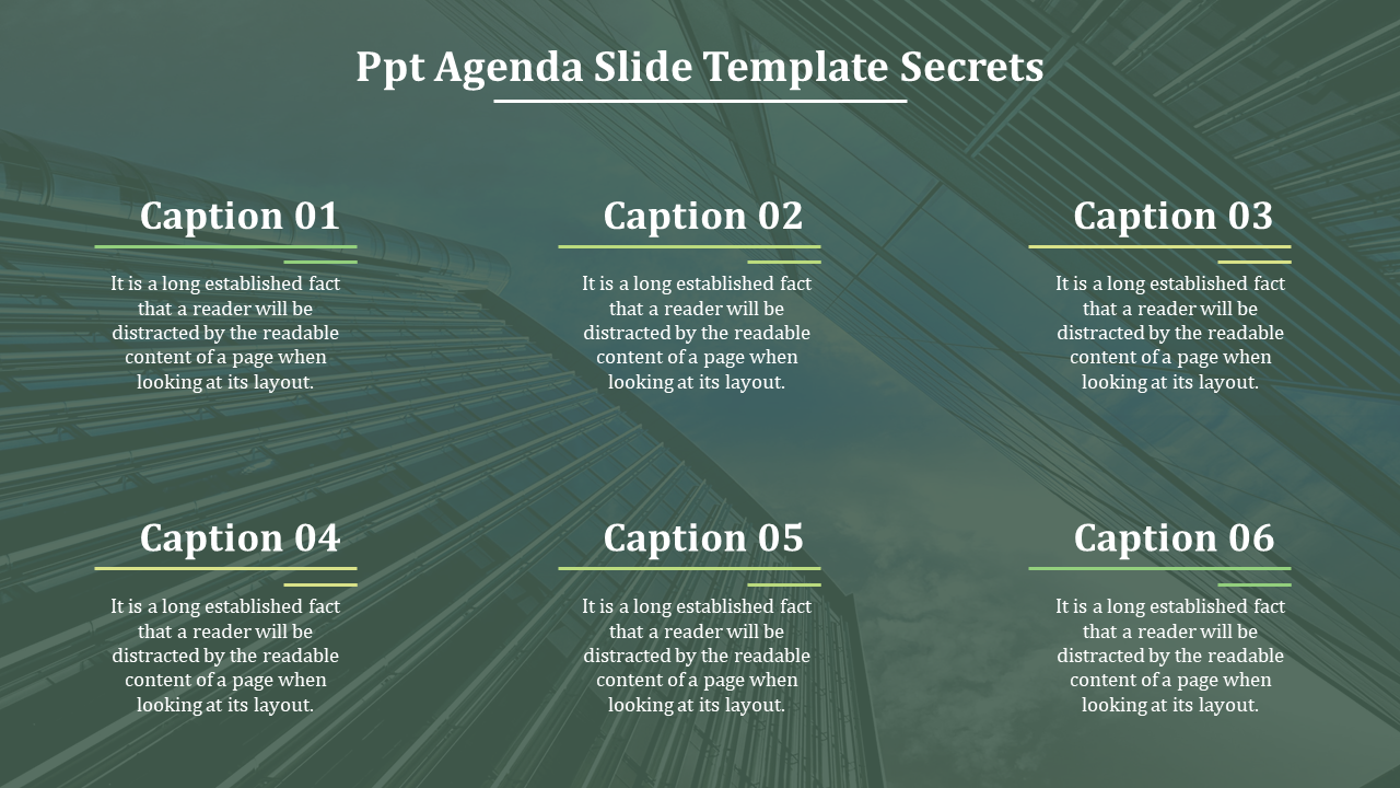 Agenda slide with six captions arranged in two rows on a green background featuring abstract line patterns.