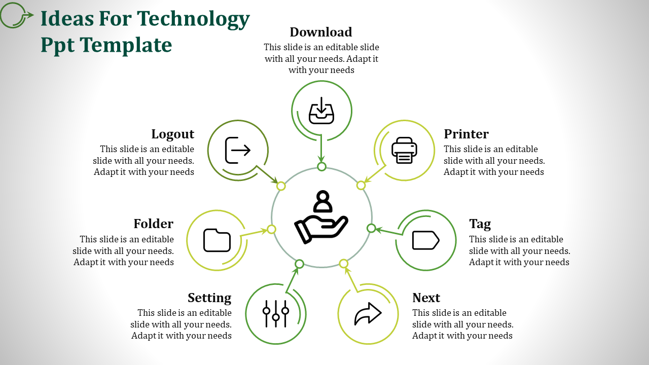 A visual design template for technology presentation, featuring sections and icons for various tech related functions.