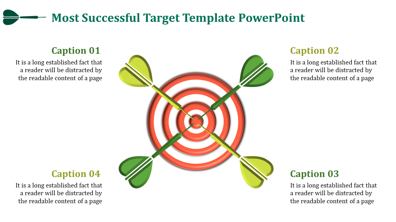 A PowerPoint slide with a target template, featuring darts hitting the bullseye with four caption placeholders.