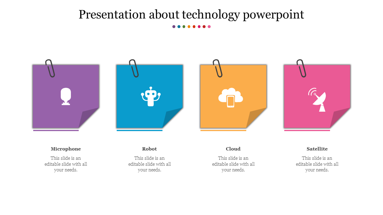 Row of colorful square cards in purple, blue, orange, and pink, with paperclips on top, each featuring a tech icon.