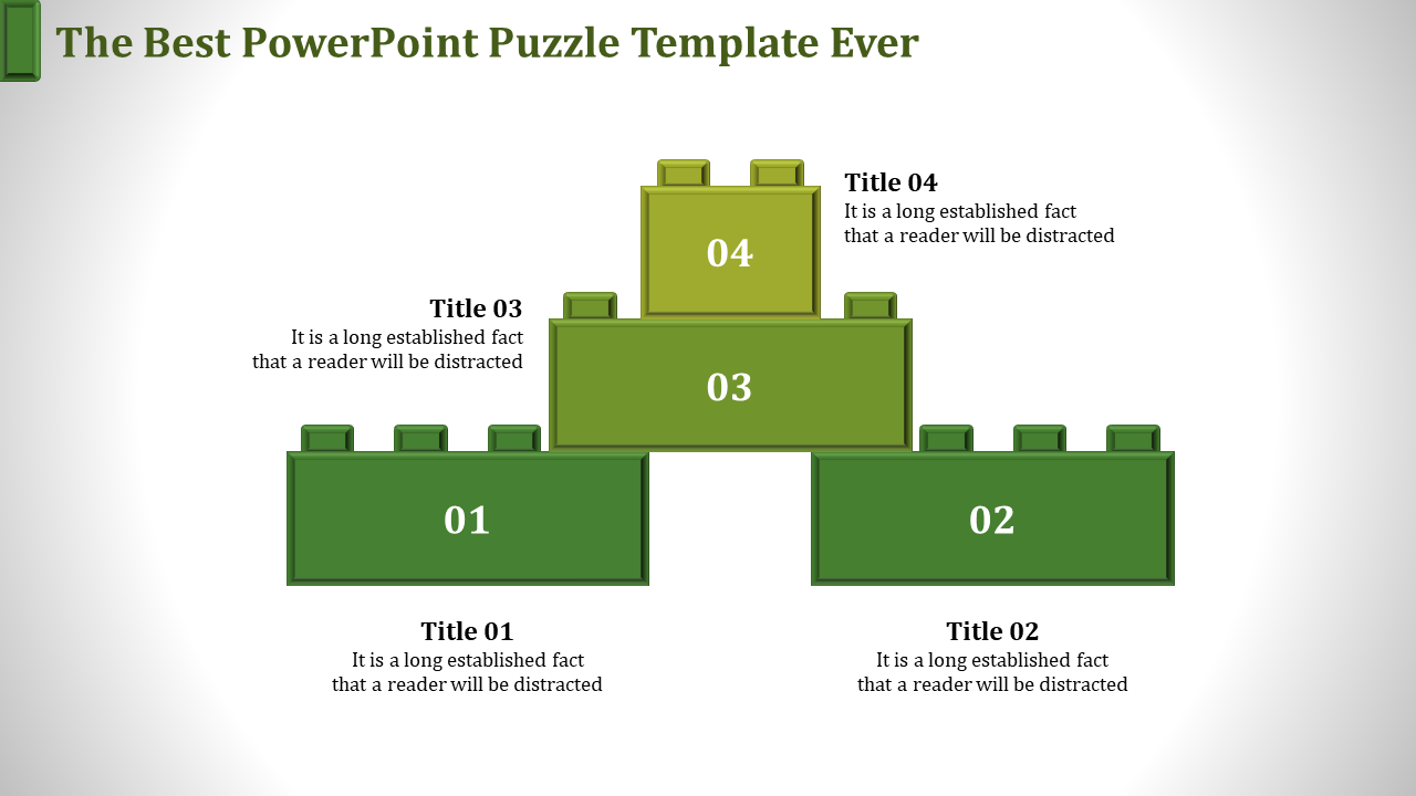 Stacked green building blocks pieces numbered 01 to 04 with titles and text explanations on a white backdrop.