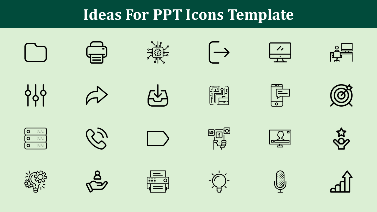 PowerPoint slide showcasing a collection of icons for diverse uses, including technology, communication, and productivity.