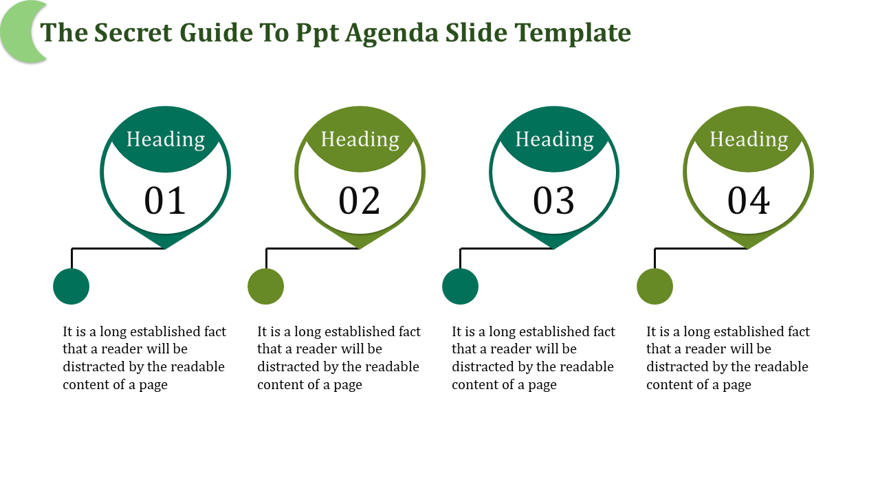 Horizontal layout with four green and teal teardrop shapes containing numbers, linked to descriptions underneath.