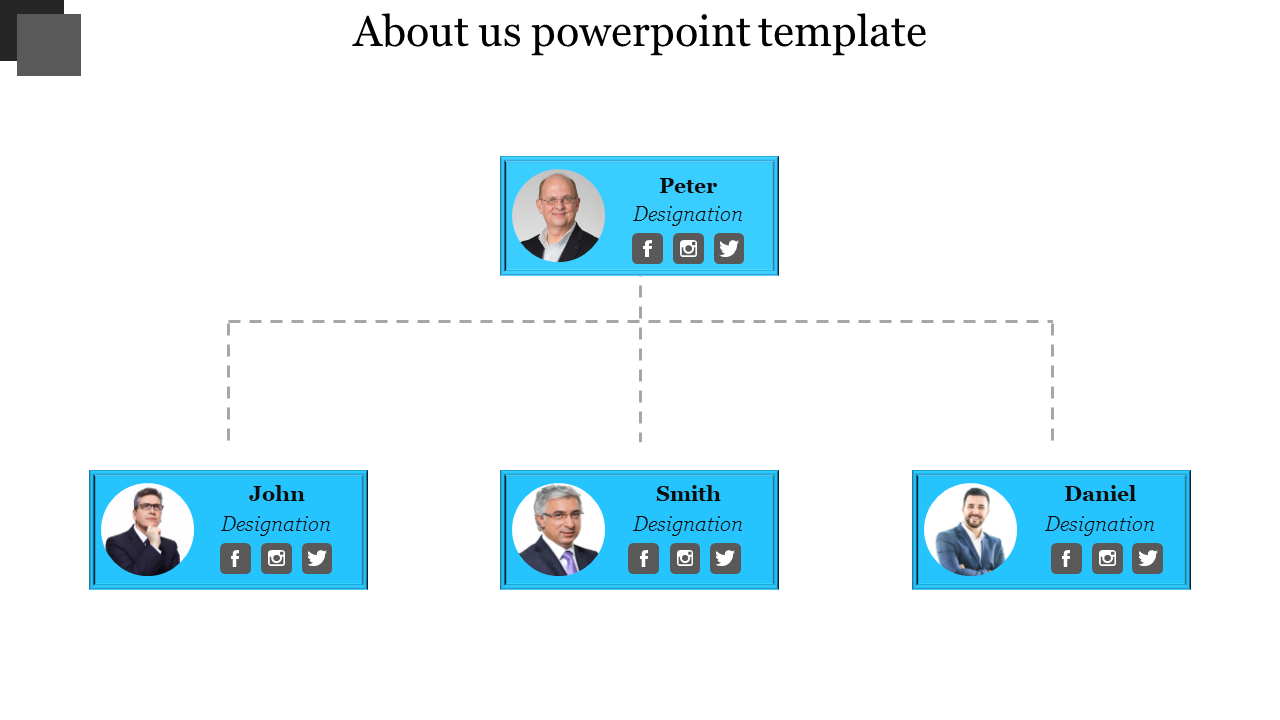 About Us template with Peter at the top node and three team members below, each with a profile photo and social media icons.