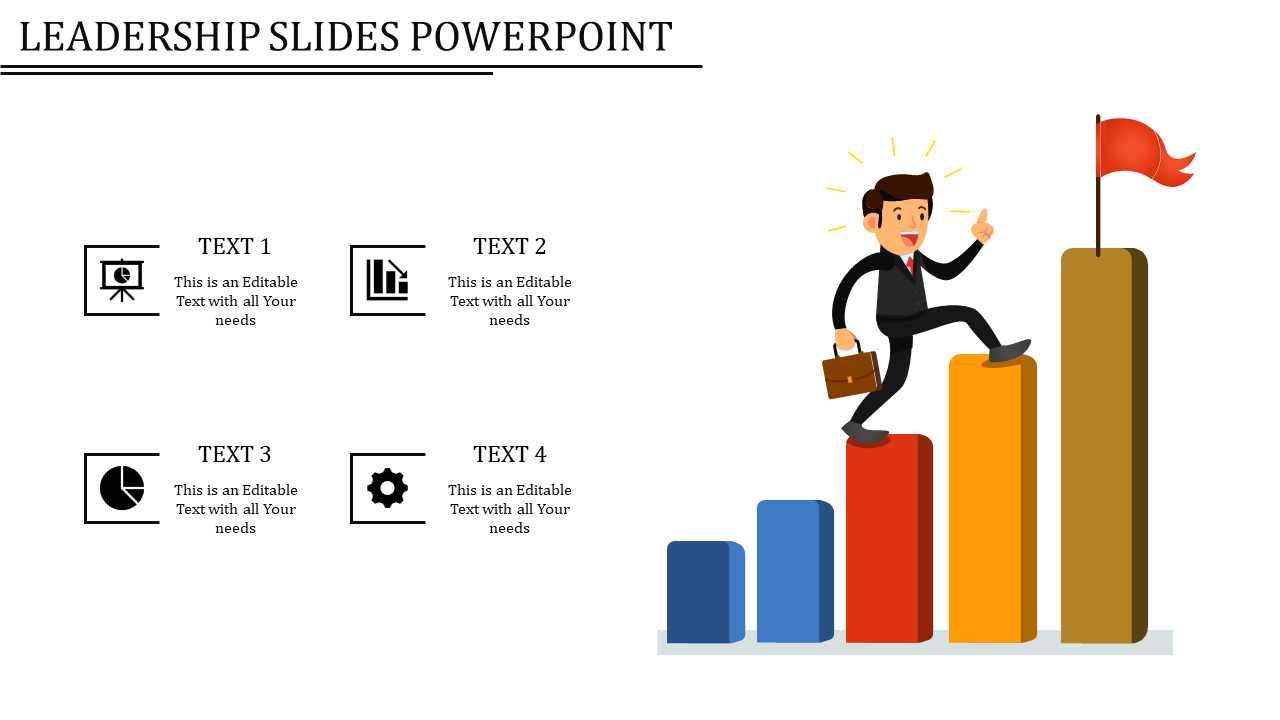 Businessman climbing a five color bar graph with a red flag on top, and four text boxes and icons on a white background.