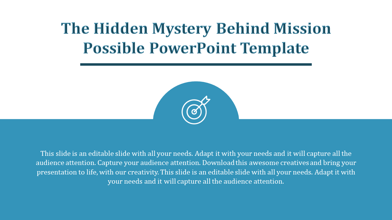 Mission Possible template  with a focus on mystery, featuring a bullseye icon in the center and editable text against a blue background.