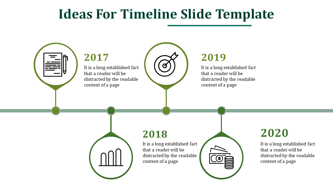 Timeline with four green circular markers from 2017 to 2020, connected by a horizontal line with icons inside.