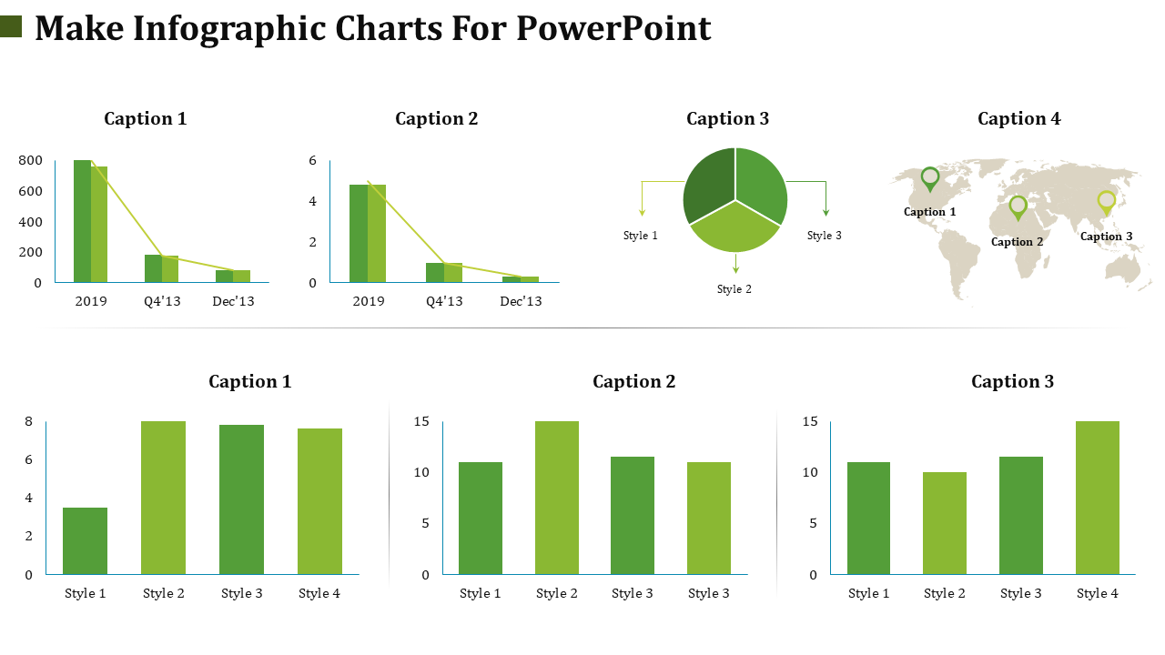 Infographic charts for PowerPoint slide featuring bar, pie, and map charts in different styles and colors.