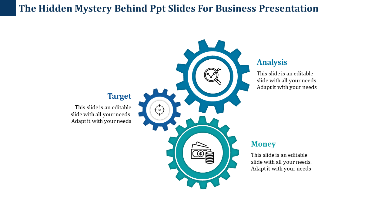 Business PPT slide with gears representing the process, including Target, Analysis, and Money with placeholder text.