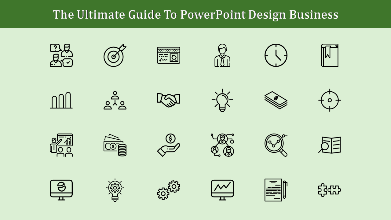 A collection of business icons for PowerPoint design, showcasing target, time, collaboration, and finance.