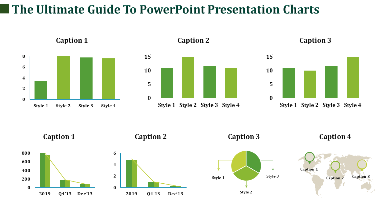 Green themed chart layout featuring bar graphs, pie charts, line graphs, and a world map for diverse data visualization.