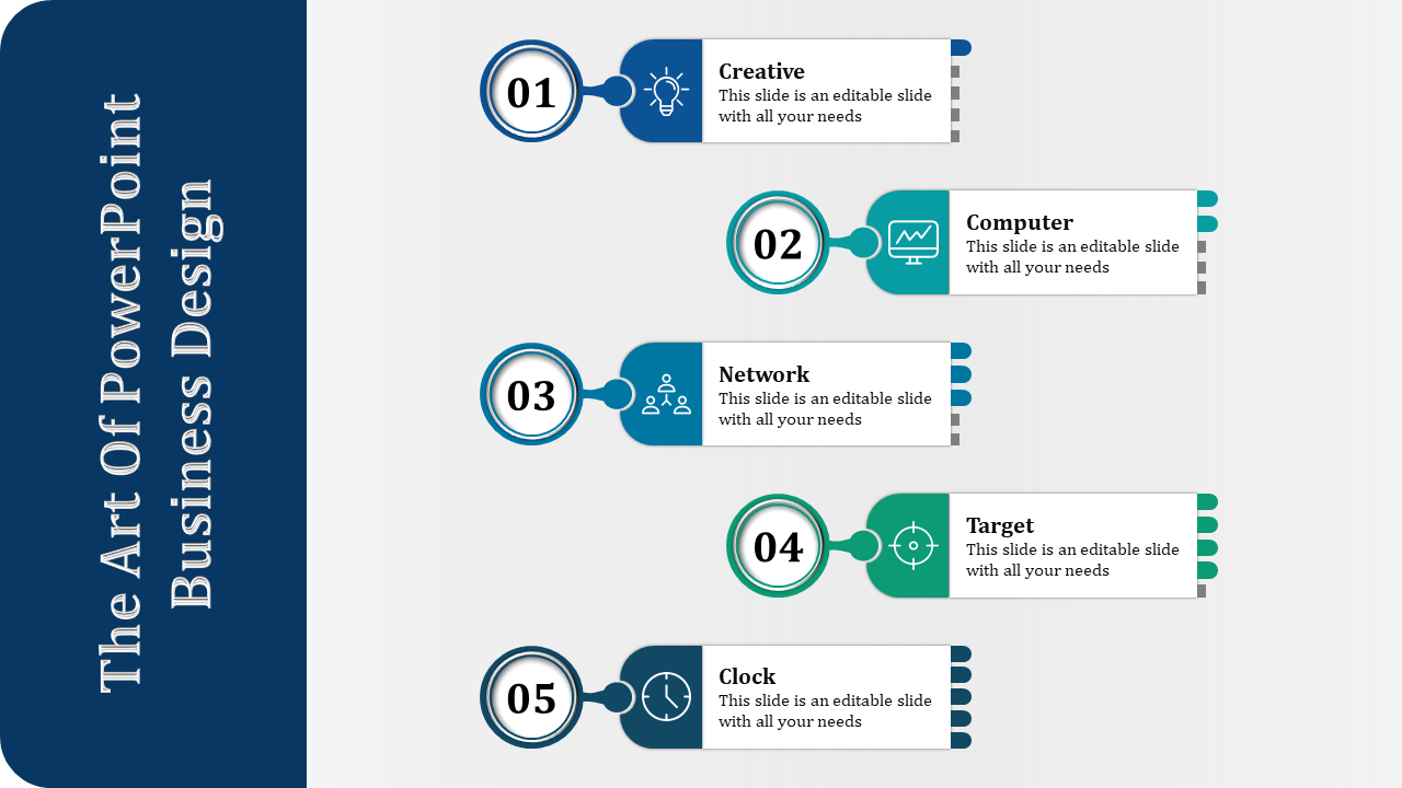 Five step business design template with numbered circles and icons for idea, tech, network, target, and clock.