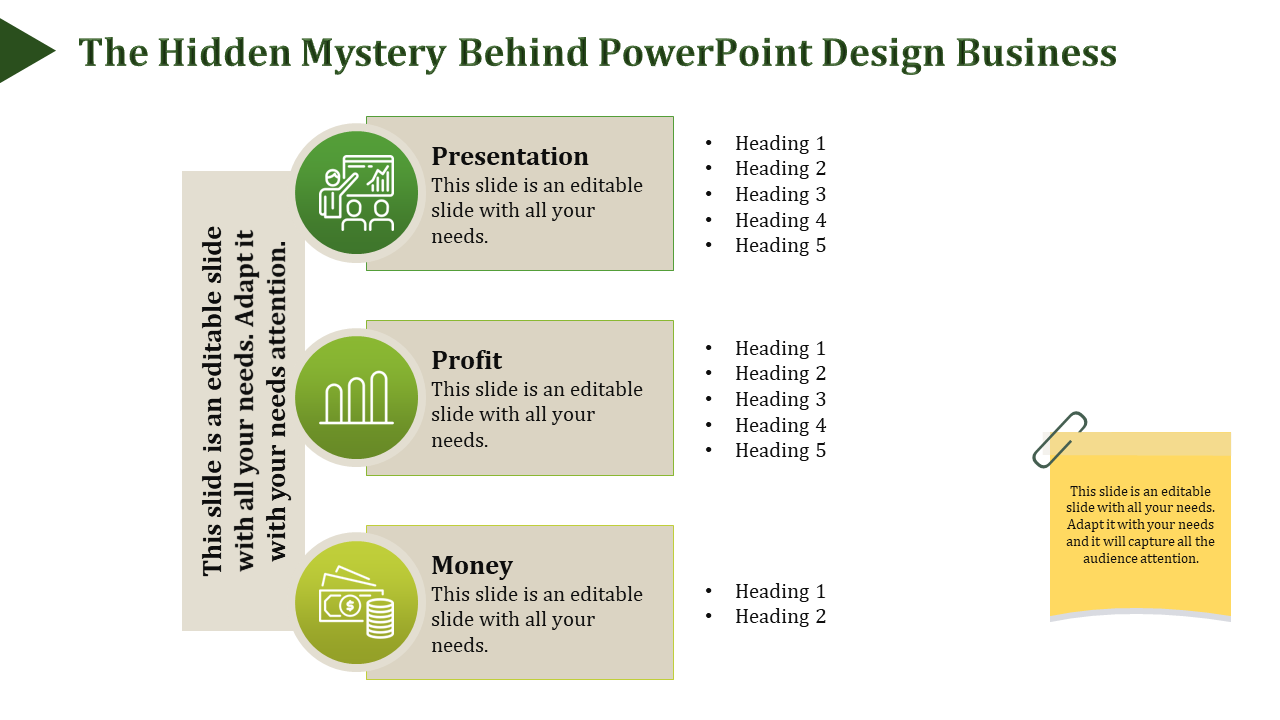 Slide with vertical text on the left, three horizontal sections with green icons, and a yellow stick note on the right.