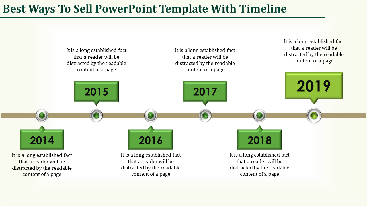 Timeline PowerPoint template featuring years 2014 to 2019, with arrows and captions for each year.