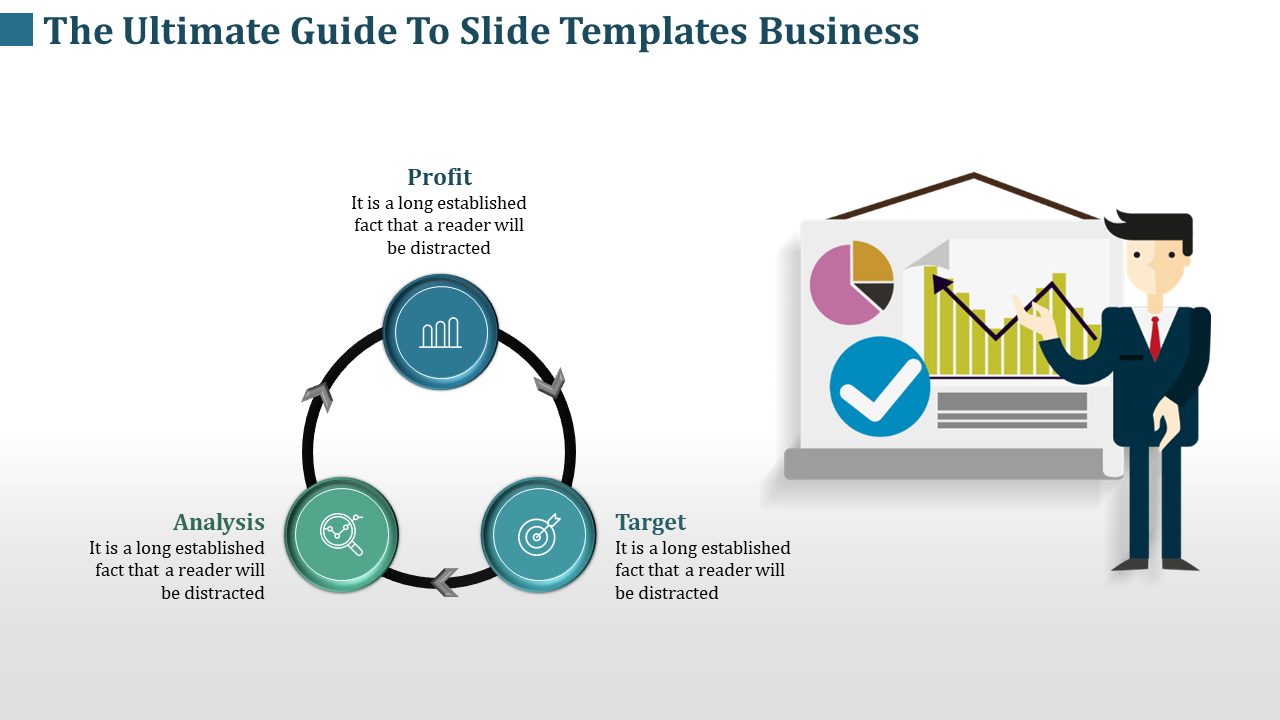 Business-themed slide showing a circular diagram with profit, analysis, and target icons and a presenter pointing at a chart.