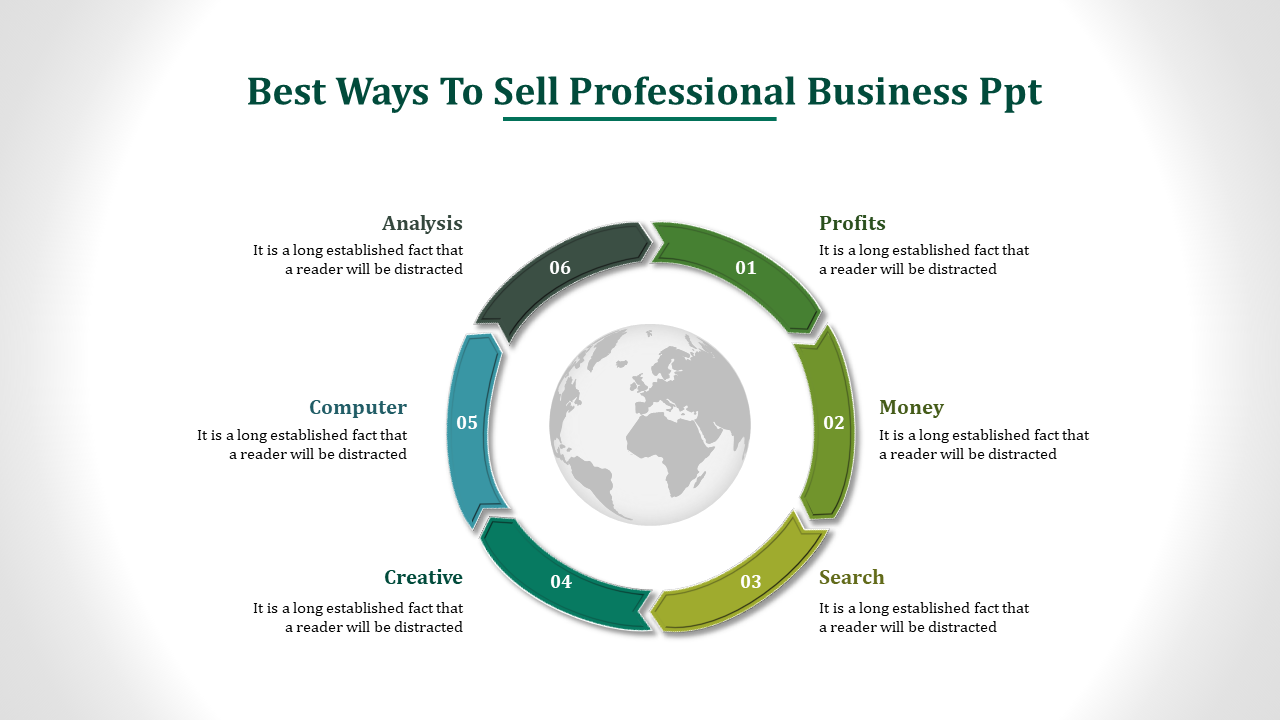 Professional business PowerPoint slide with a circular diagram, each section representing a different business strategy.