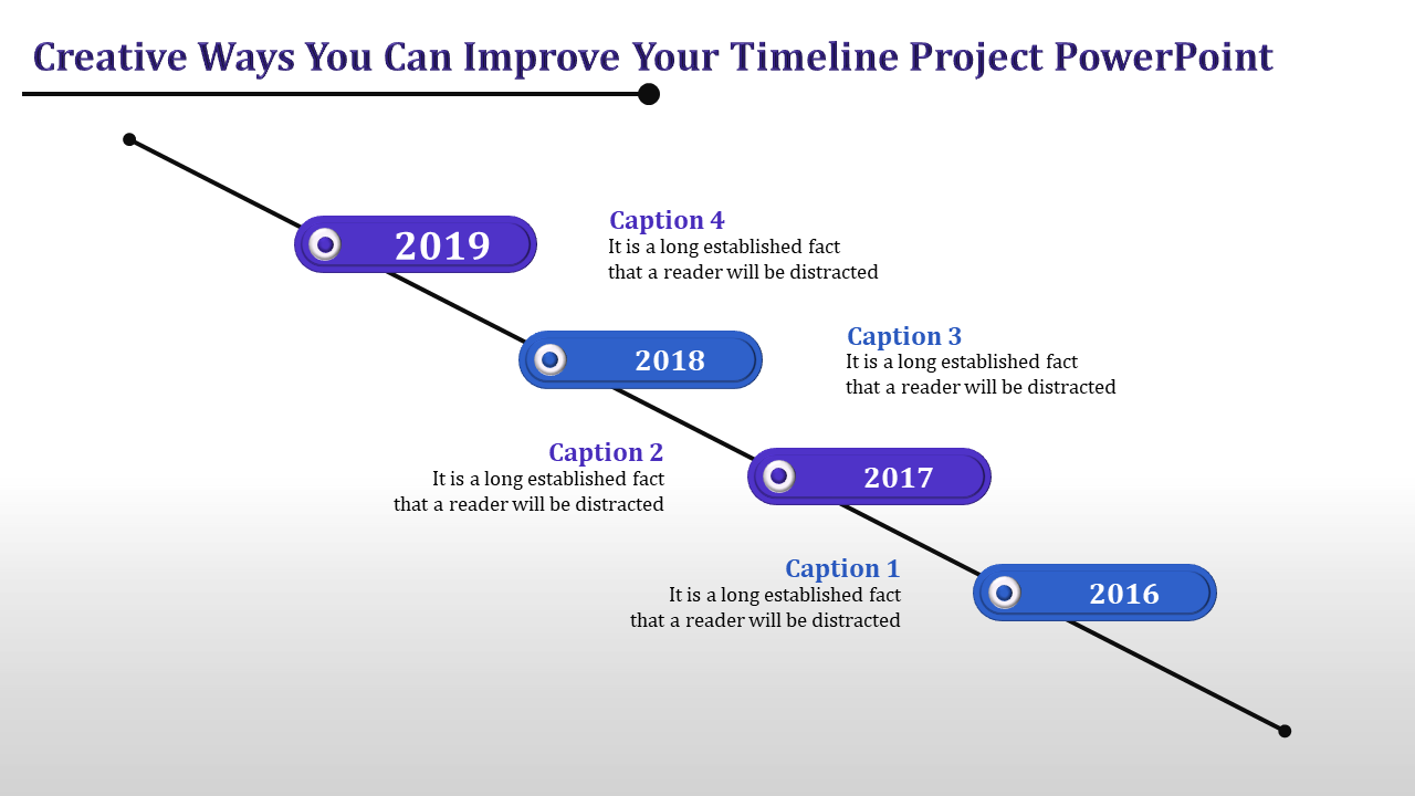 Diagonal timeline design featuring blue and purple ovals with circular connectors, showing years from 2016 to 2019.