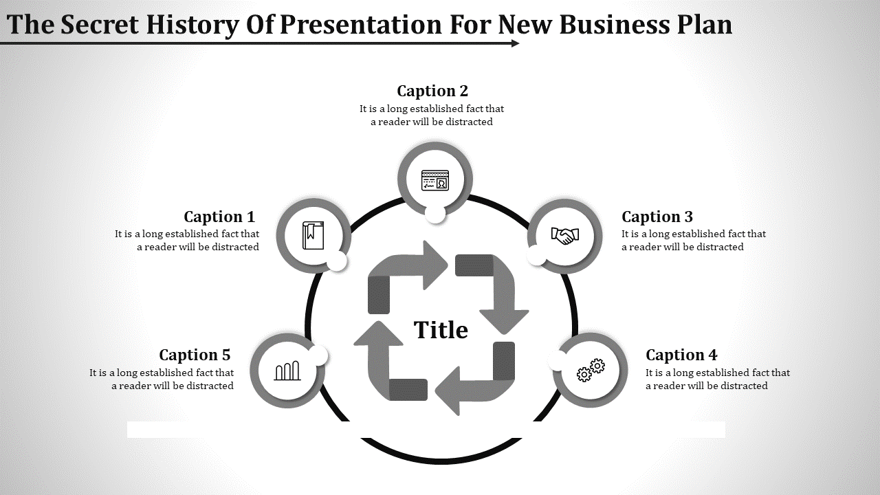 Black and white circular diagram with five icons connected by arrows, labeled captions, and a central title placeholder.