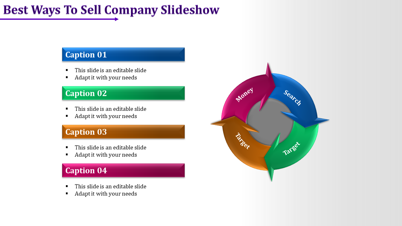 Slide with four colorful captions on the left and a circular arrow diagram in pink, blue, green, and orange on the right.