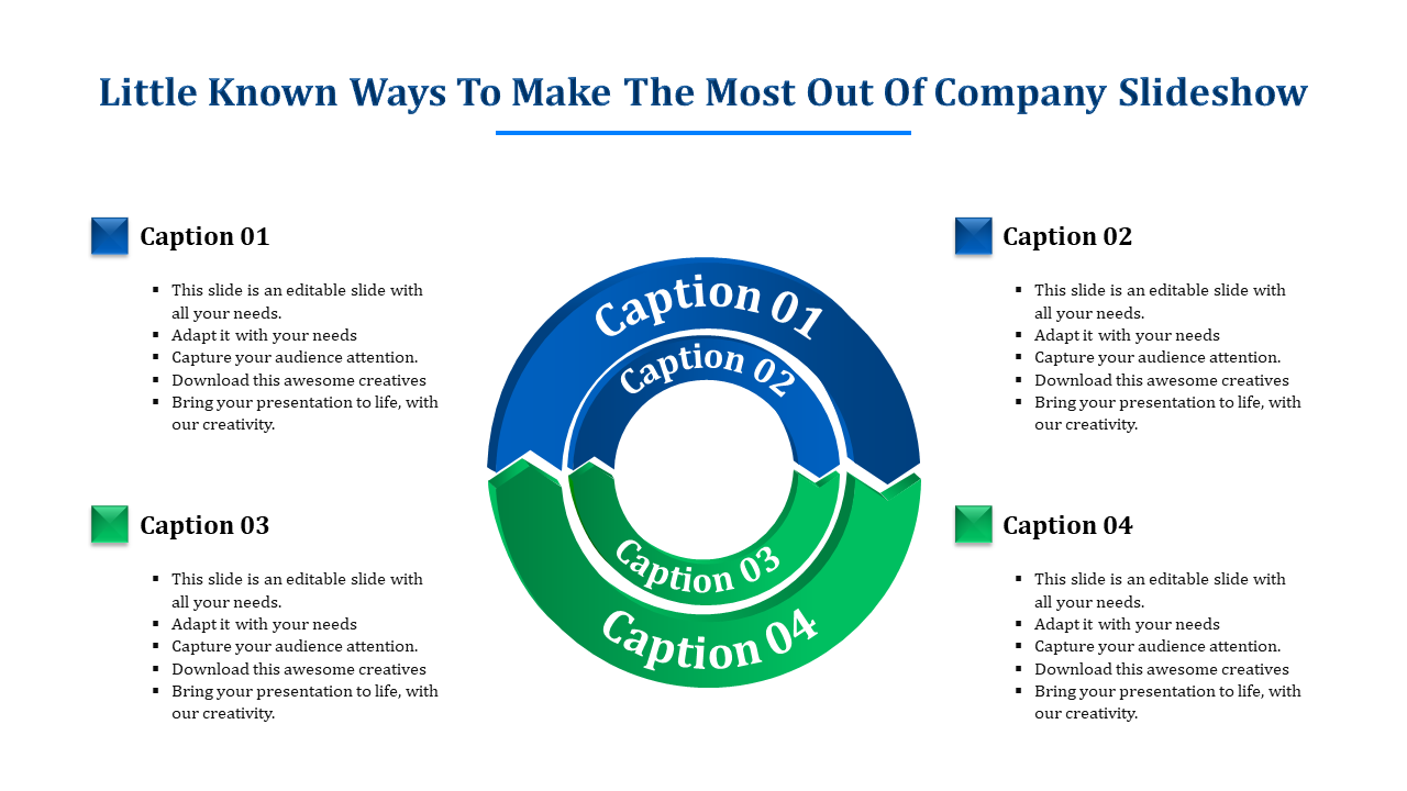 Company slideshow design featuring a segmented circular layout in blue and green, with four captions.