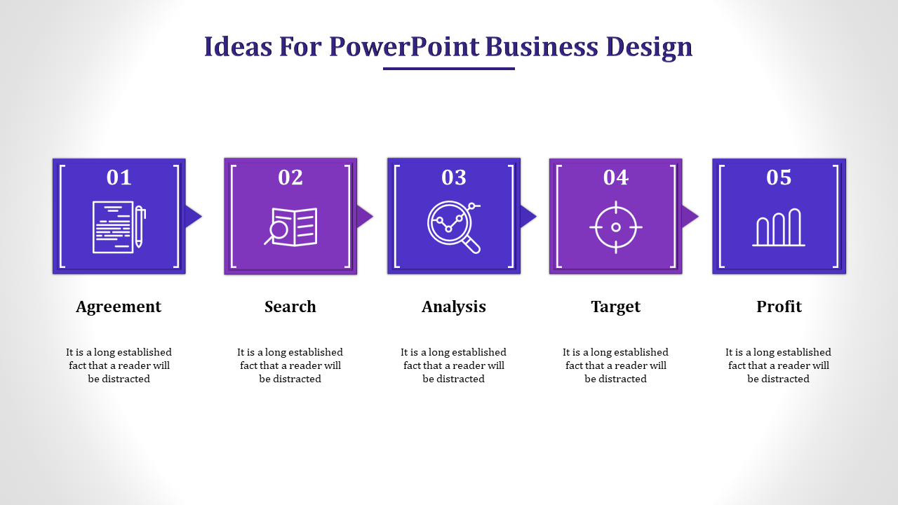 A PowerPoint business design template showing five steps labeled Agreement, Search, Analysis, Target, and Profit with icons.