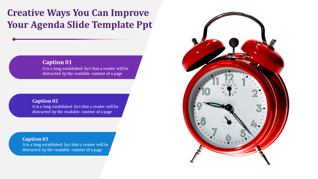 An agenda slide template featuring a red alarm clock with time related captions next to it.
