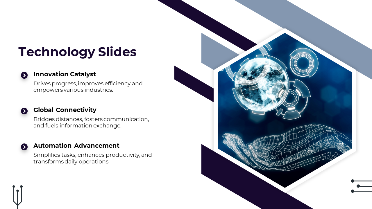 Slide featuring a wireframe hand holding a digital globe inside a hexagon, with technology related captions on the left.