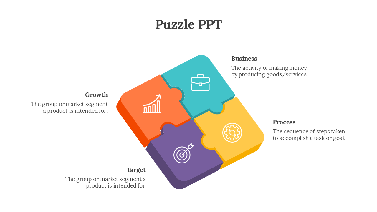 Colorful puzzle layout with interconnected pieces illustrating business elements and caption areas.