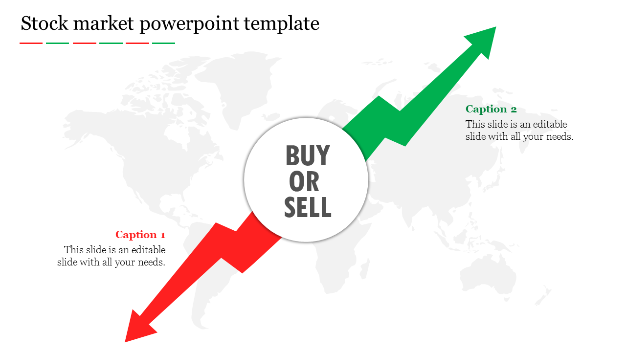 A stock market-themed slide with a red downward arrow and a green upward arrow crossing at a circle with two caption area.