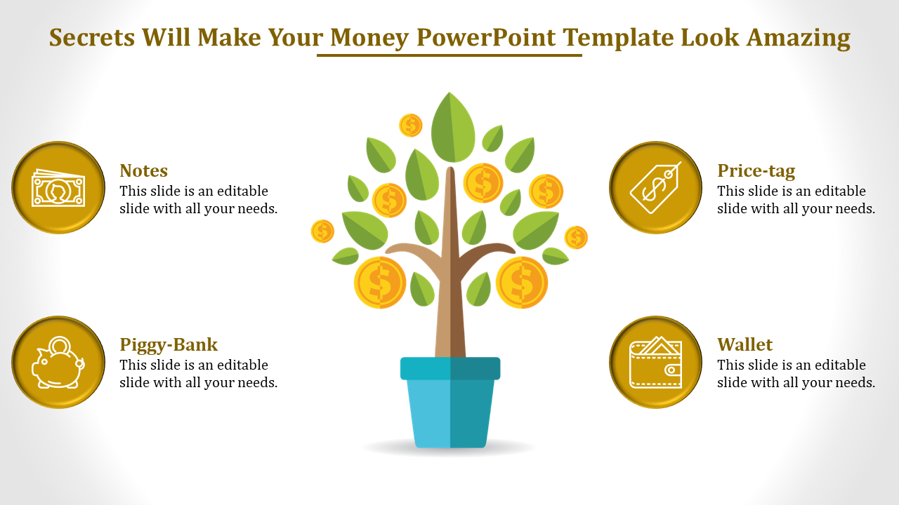 A money tree with coins growing on its branches, with circular icons for notes, piggy bank, price tag, and wallet around it.