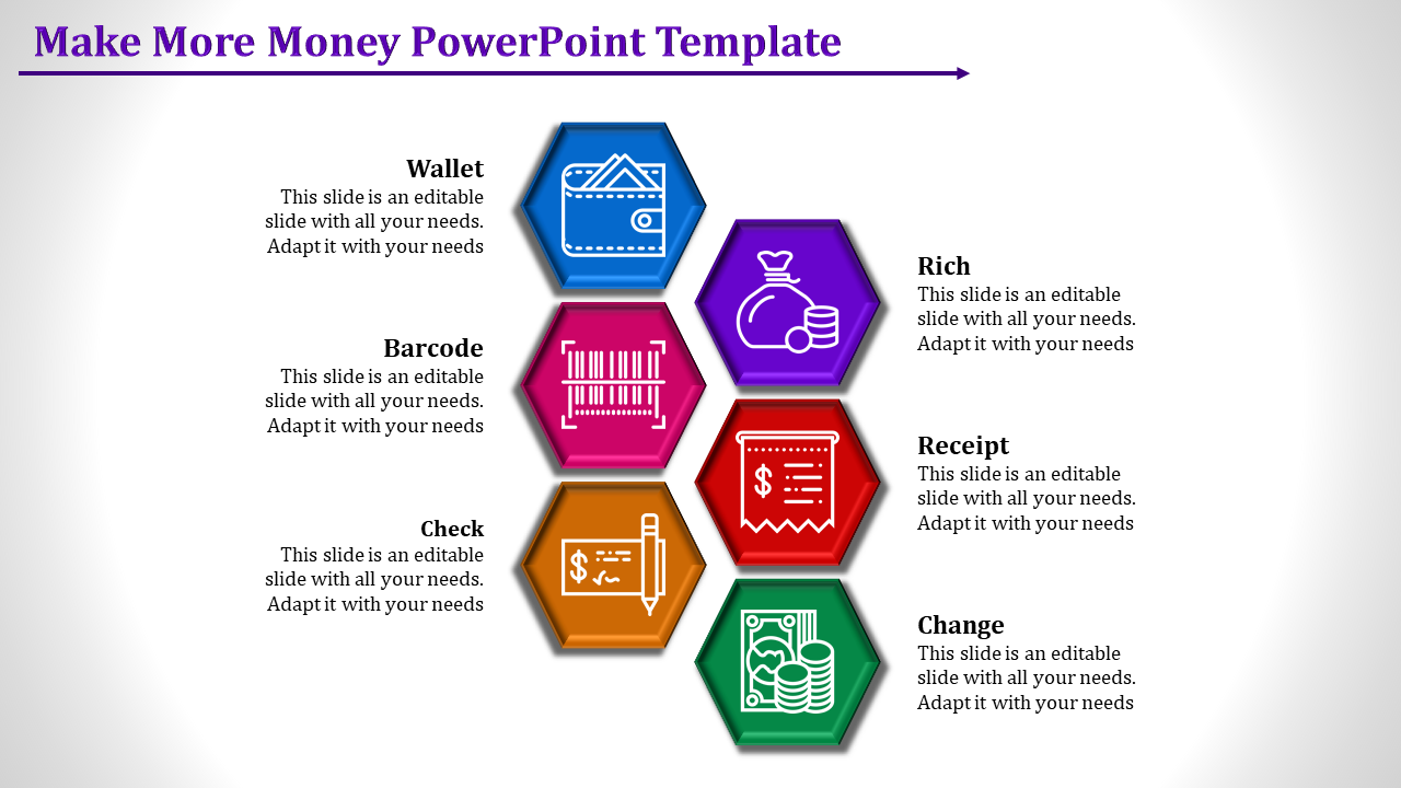 Slide showcasing hexagonal sections in blue, pink, orange, red, purple, and green with financial icons and text.